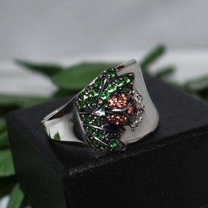 Ladybug Ring in White Quartz and Green and Red Crystals, Size 10